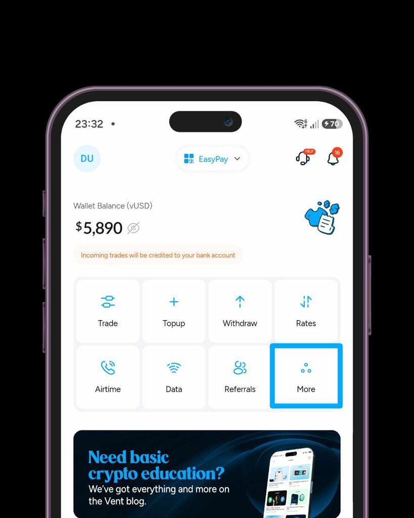 How to get an eSIM on Vent (Step 2): Tap more on your dashboard
